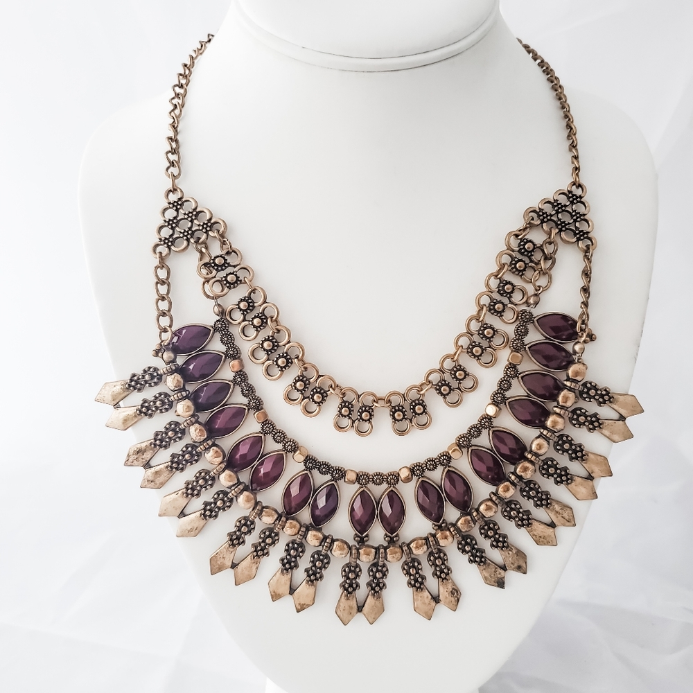 Statement Collar Necklace Large Red/Burgundy Bras… - image 1